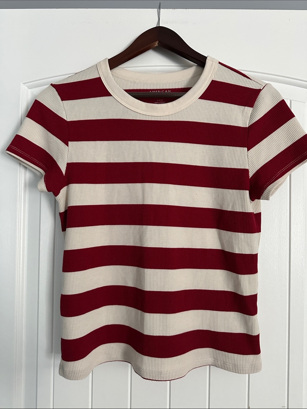 American Eagle Outfitters Red and Cream Striped Crewneck Tee